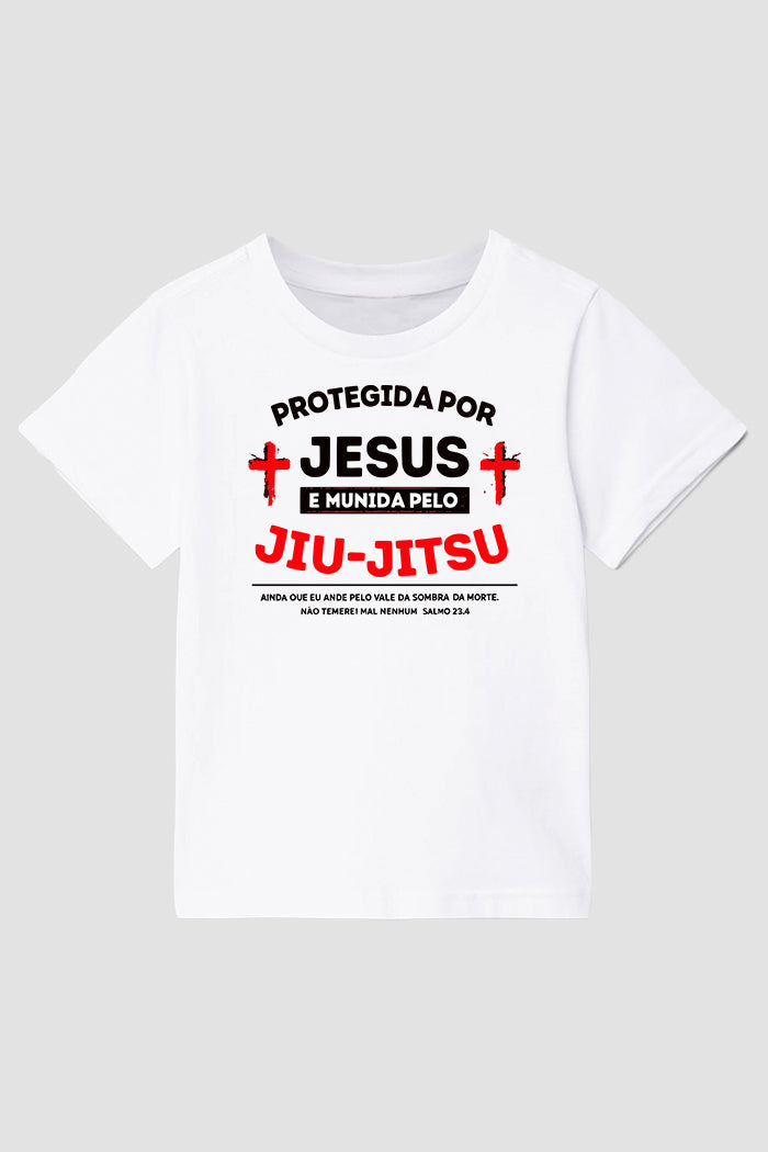 Camiseta infantil jiu-jitsu Protegida por Jesus Munida pelo Jiu-jistu
