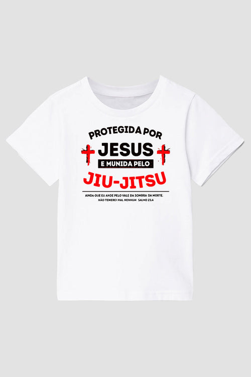 Camiseta infantil jiu-jitsu Protegida por Jesus Munida pelo Jiu-jistu