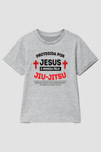 Camiseta infantil jiu-jitsu Protegida por Jesus Munida pelo Jiu-jistu