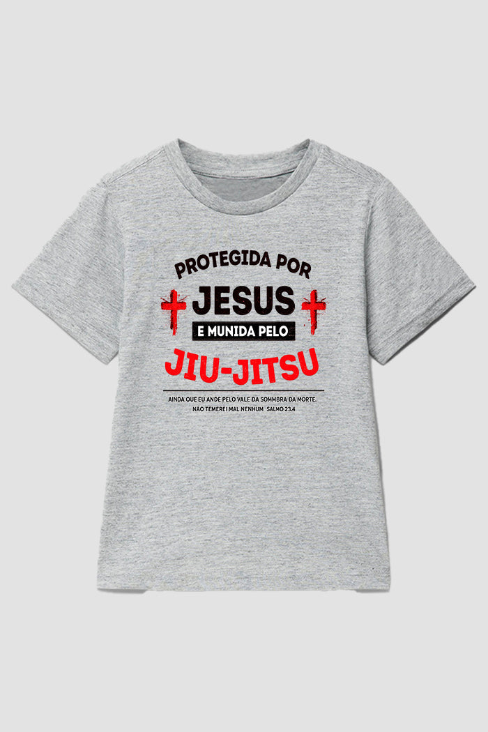 Camiseta infantil jiu-jitsu Protegida por Jesus Munida pelo Jiu-jistu
