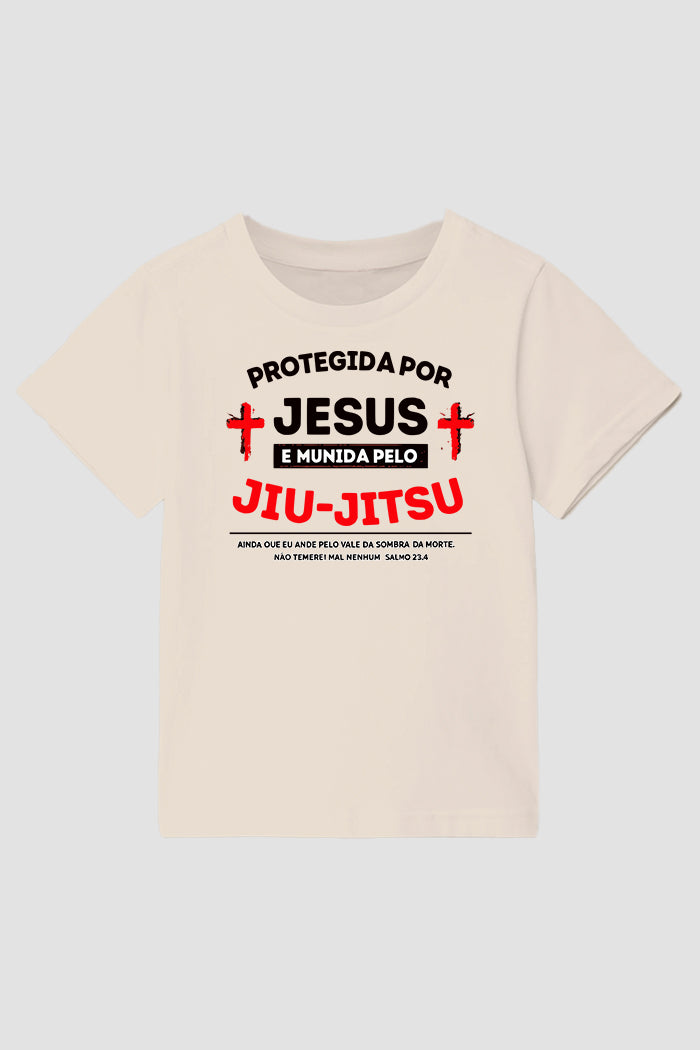 Camiseta infantil jiu-jitsu Protegida por Jesus Munida pelo Jiu-jistu